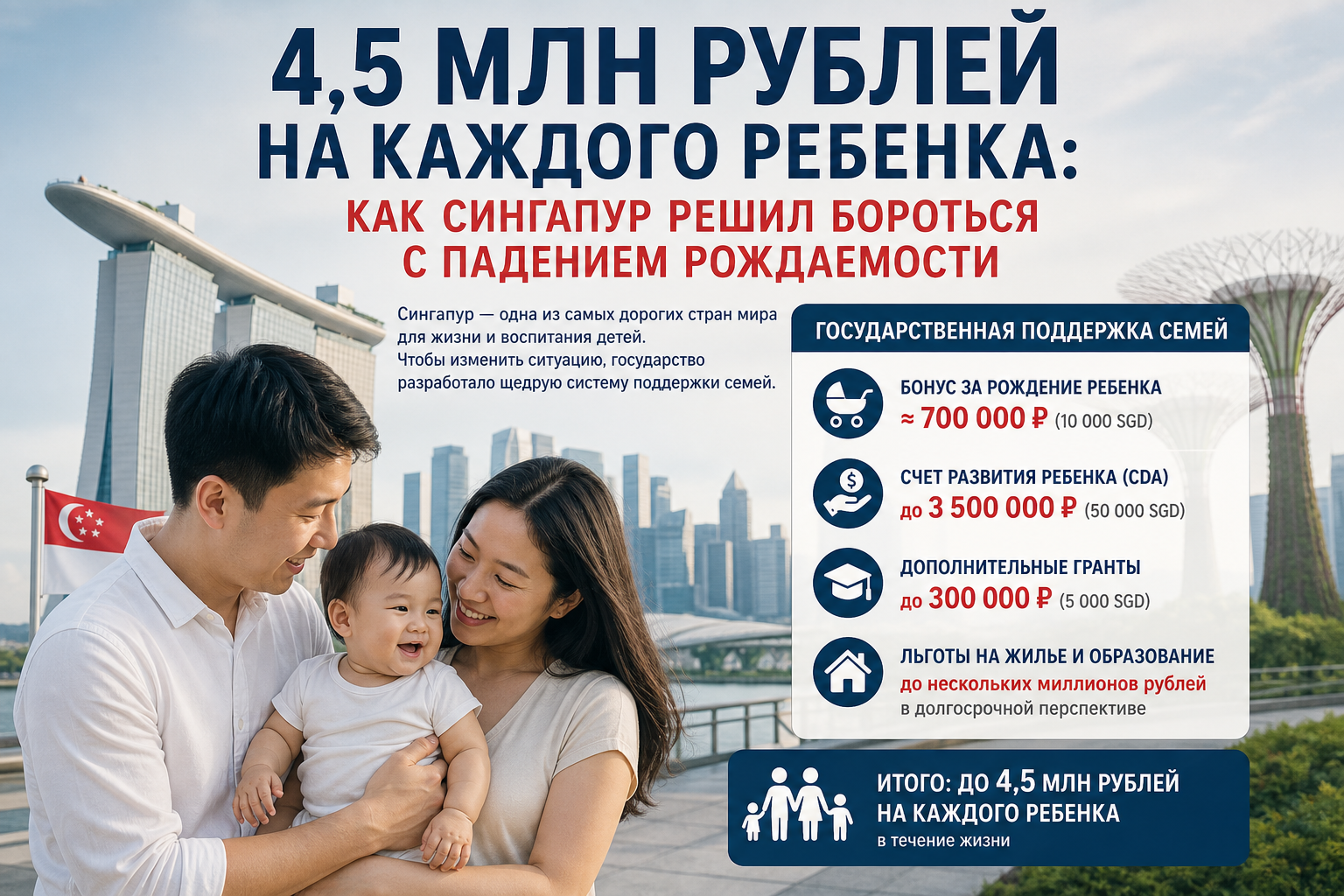 Сингапур запускает программу поддержки детей на 4,5 млн рублей на каждого ребенка